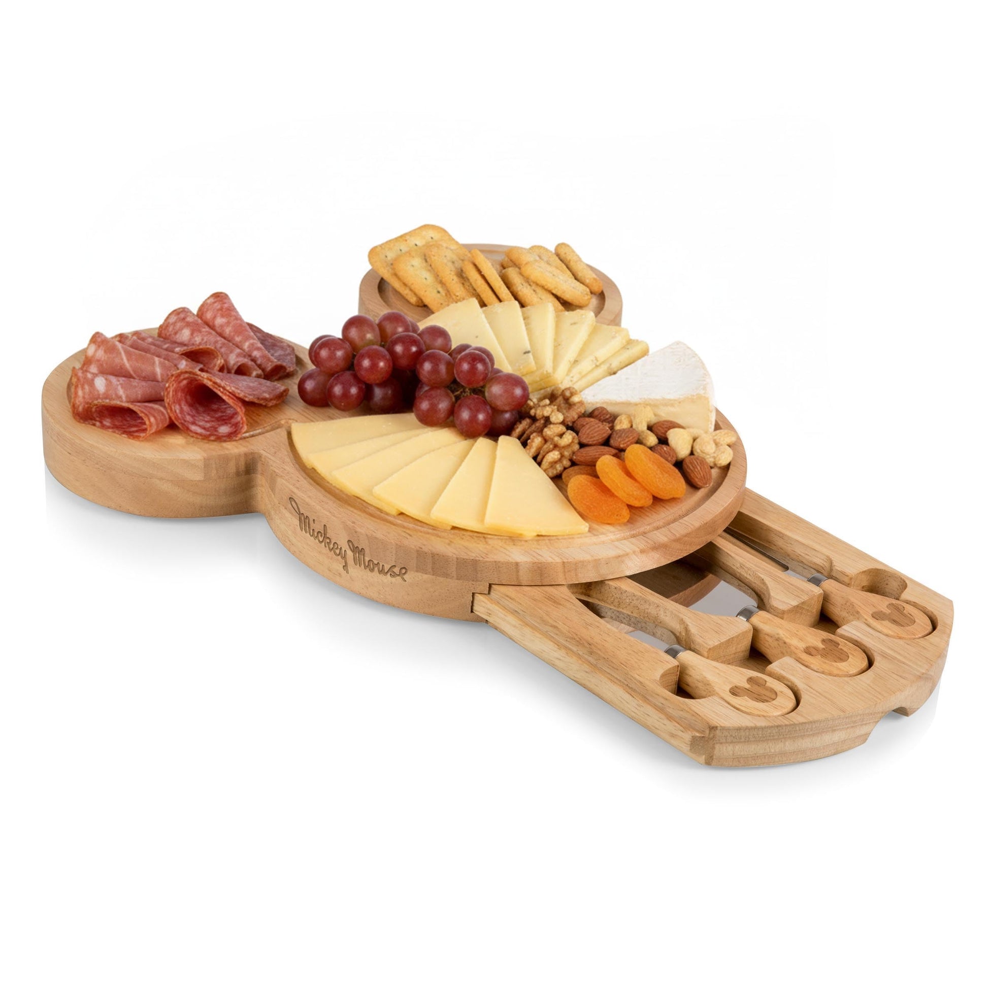 PICNIC TIME Disney Mickey Mouse Head Cheese & Charcuterie Board Set, Parawood Cutting Board with Hidden Drawer & 3 Cheese cutting tool, Fun Disney Gift, Party Platter, Picnic Set & Kitchen Serving Tray