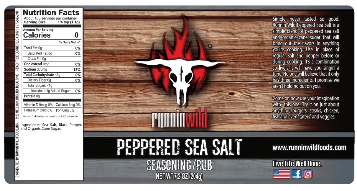 Runnin Wild Pepper Sea Salt Seasoning, Coarse 10 Mesh, 7.2 Ounces