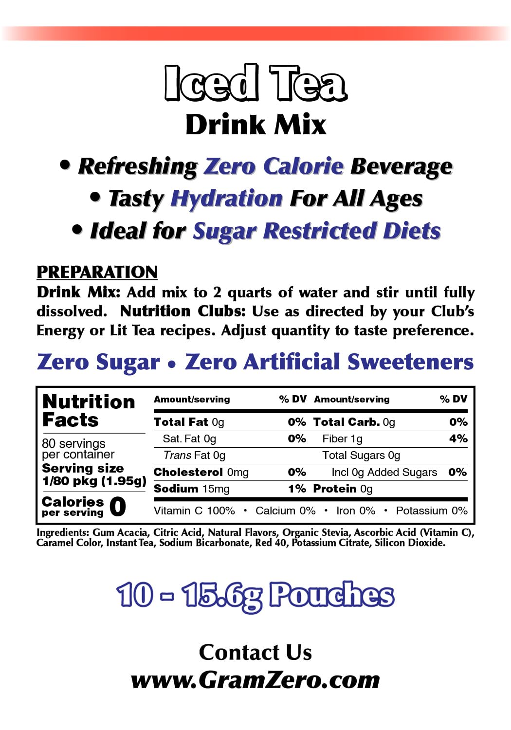 Gramzero Iced Tea, Sugar Free Drink Mix, Pitcher Pack, Great For Nutrition Club Loaded Tea, Zero Calorie, Stevia Sweetened