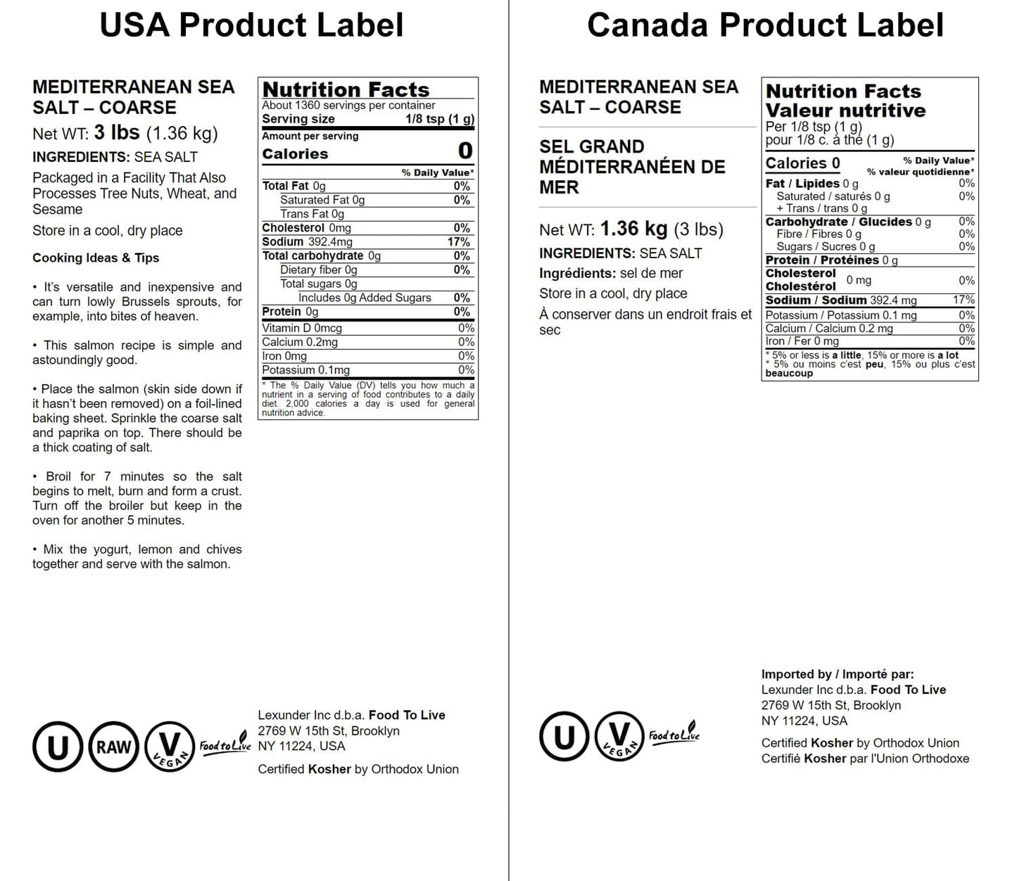 Food to Live - Mediterranean Sea Salt, 3 Pounds Coarse Grain, Pure Crystals, No Additives, No Preservatives, Vegan, Kosher, Bulk