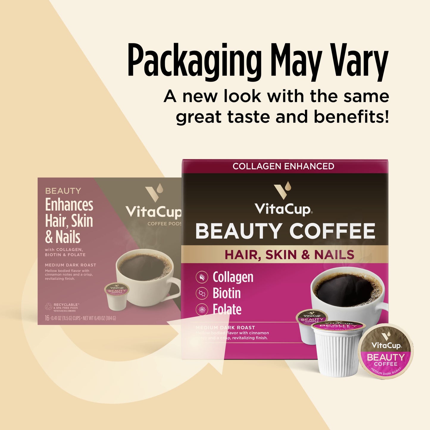 Vitacup Beauty Collagen Coffee Pods For Hair, Skin & Nails, With Biotin & Folate, Medium Dark Roast, Keto Friendly, Recyclable Single Serve Pod Compatible With Keurig K-Cup Malt-Inspired,64 Ct