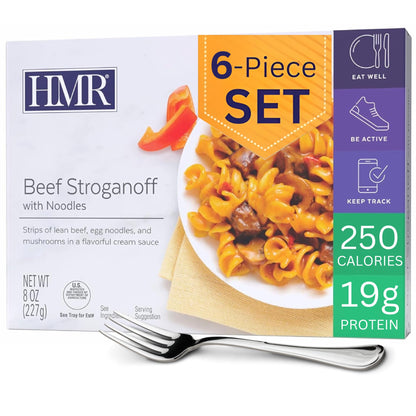 HMR Beef Stroganoff with Noodles Entr  e | Pre-packaged Lunch or Dinner | Ready to Eat | 19g of Protein | Low Calorie Food | 8oz
