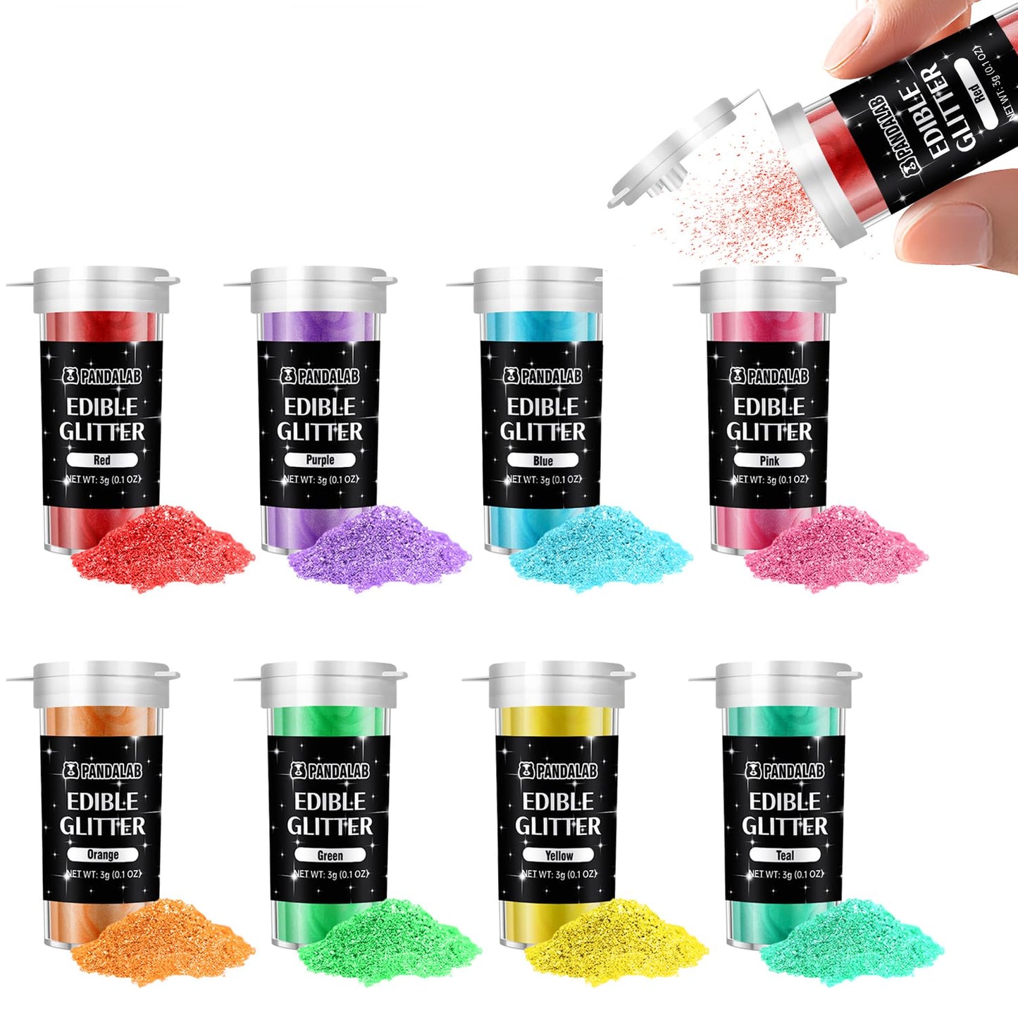 Pandalab Edible Glitter - Food Grade Luster Dust for Cakes, Cocktails, and Desserts - 8 Colors, 0.1oz (3g) Bottle