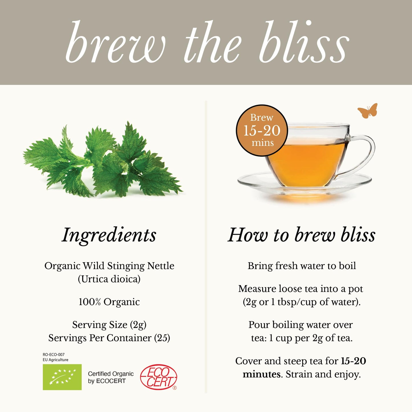 Wild Bliss Organic Wild Stinging Nettle Leaf Tea - Caffeine Free Herbal Tea - 25 Servings - Loose Leaf - 1.76 Oz