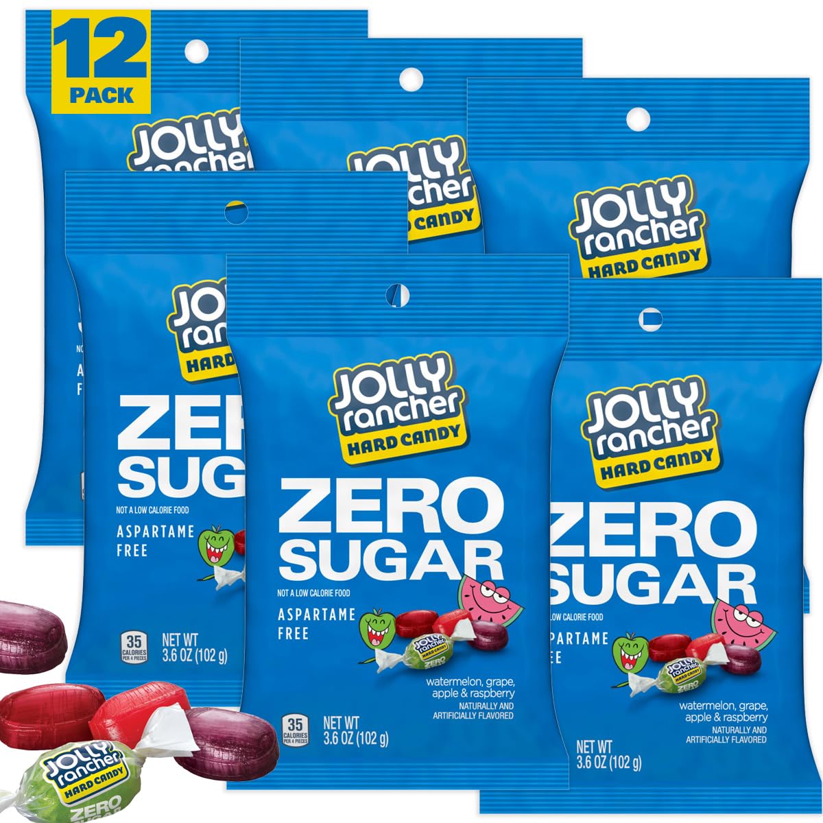 Zero Sugar JollyRanchers, 3.6 Ounce Bag (Pack of 12), Individually Wrapped Hard Candy, The Hampton Popcorn & Candy Company