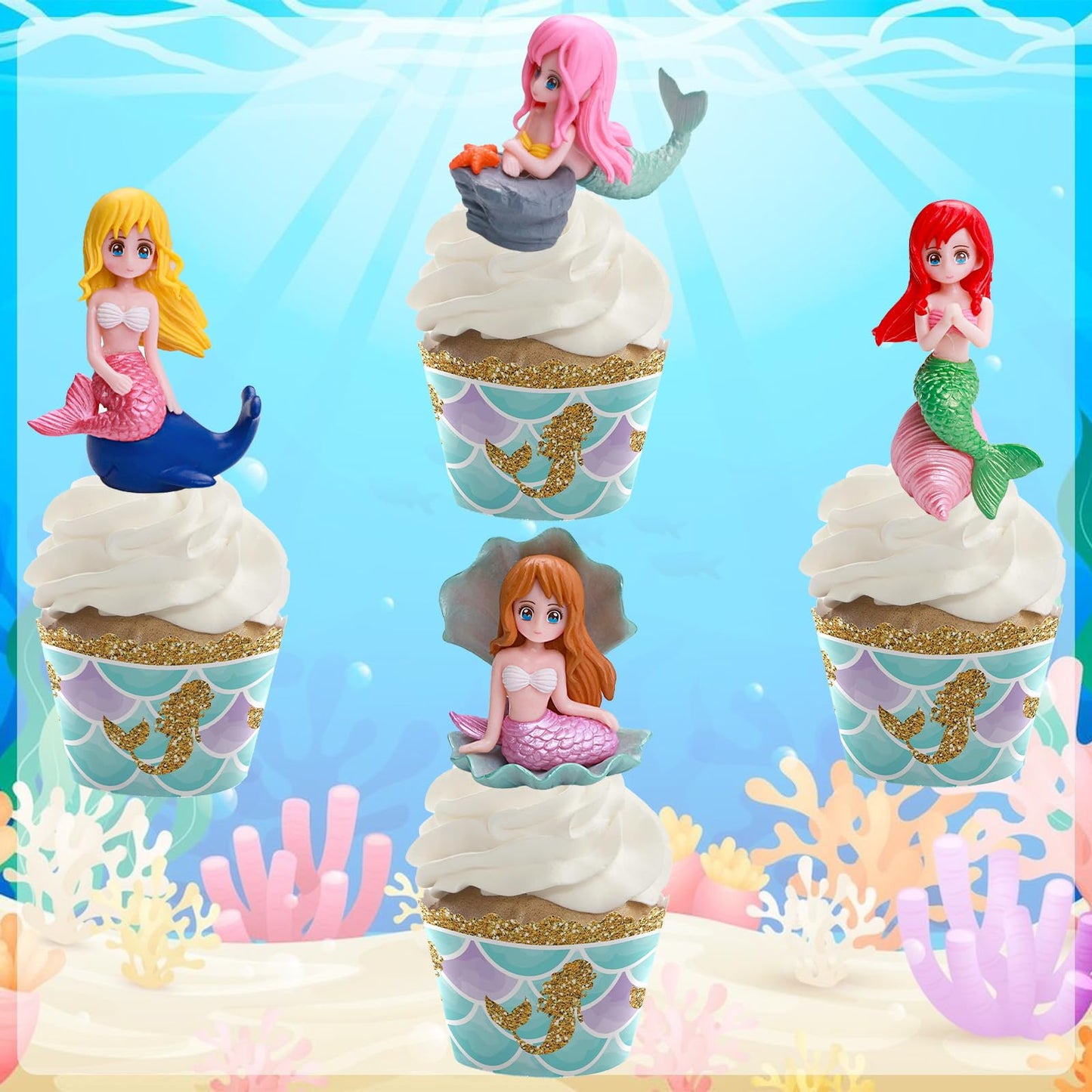 4Pcs Mermaid Cake Topper, Little Cute Mermaid Doll Figurines, Mermaid Birthday Cake Cupcake Topper Decorations For Kids Girls Me