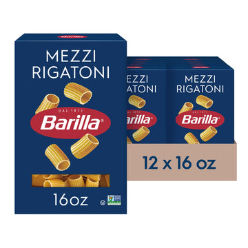 Barilla Mezzi Rigatoni Pasta, Non-GMO, 16 oz Box (Pack of 12), Kosher Certified, Made with Durum Wheat Semolina