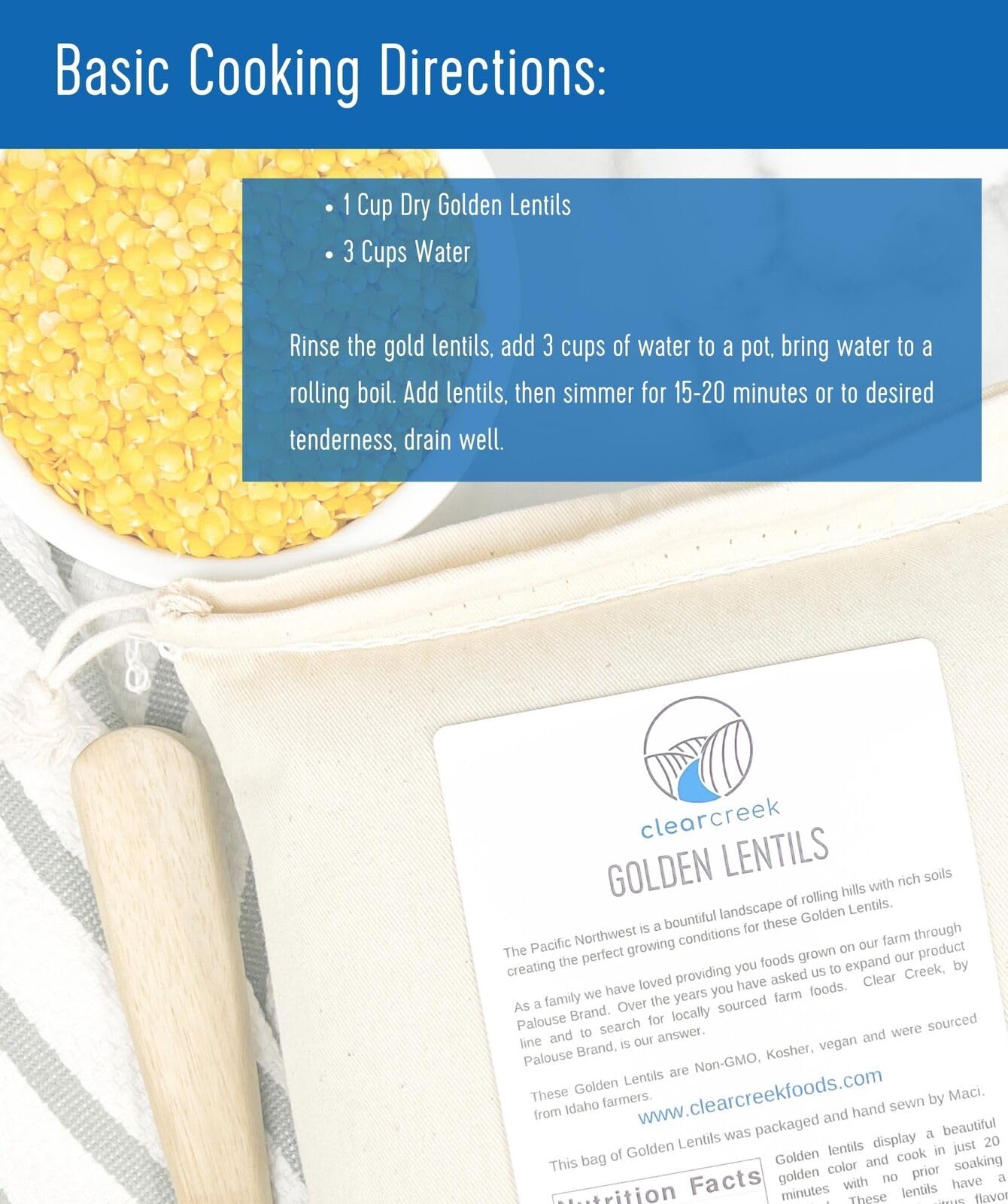 Montana Whole Golden Lentils | 4 lb Linen Drawstring Bag | Non-GMO | Kosher | Vegan | Non-Irradiated (Will Sprout) | Yellow Lent