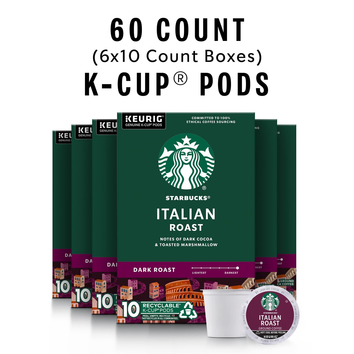 Starbucks K-Cup Coffee Pods, Dark Roast, 100% Arabica, 60 Pods (6 Boxes), Italian Roast