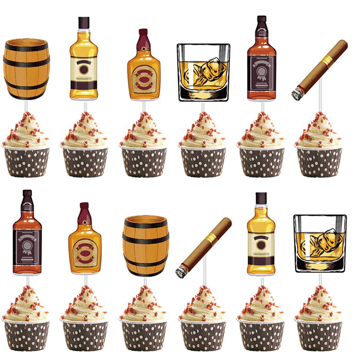 CZolden Whiskey Cupcake Toppers, 48 Pieces, Aged to Perfection, Paper, 0.2 x 0.5 inches, Black, Model LU-WhiskyChaPai-