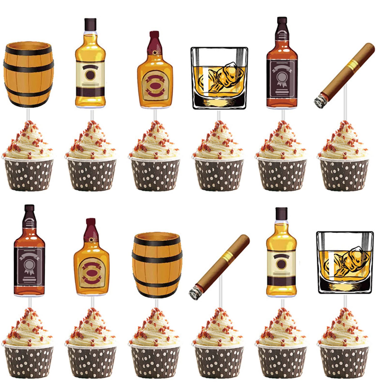 CZolden Whiskey Cupcake Toppers, 48 Pieces, Aged to Perfection, Paper, 0.2 x 0.5 inches, Black, Model LU-WhiskyChaPai-