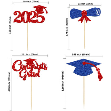 Gyufise 24Pcs Congrats Grad 2025 Cupcake Toppers Blue Red Graduation Cap Diploma Cake Decorations