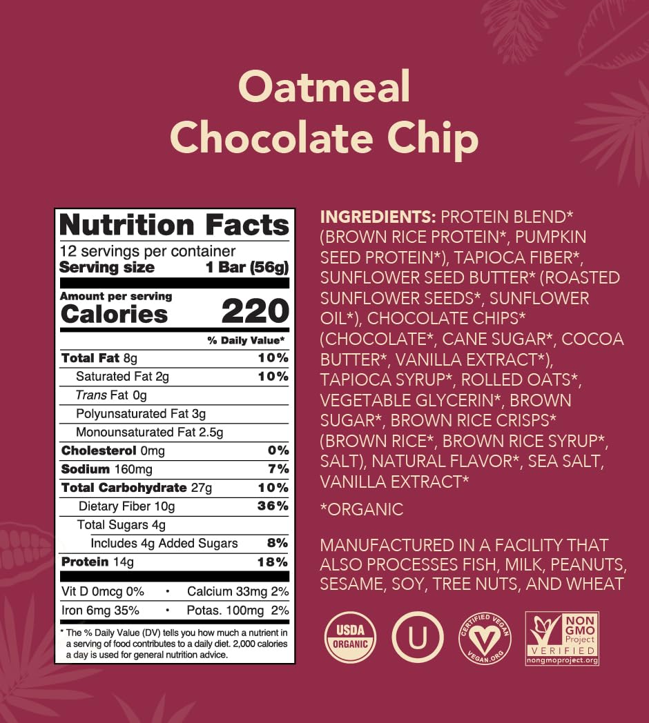 ALOHA Organic Plant Based Protein Bars, Oatmeal Chocolate Chip, Vegan, Gluten-Free, Low Sugar, 1.9oz, 12 Count