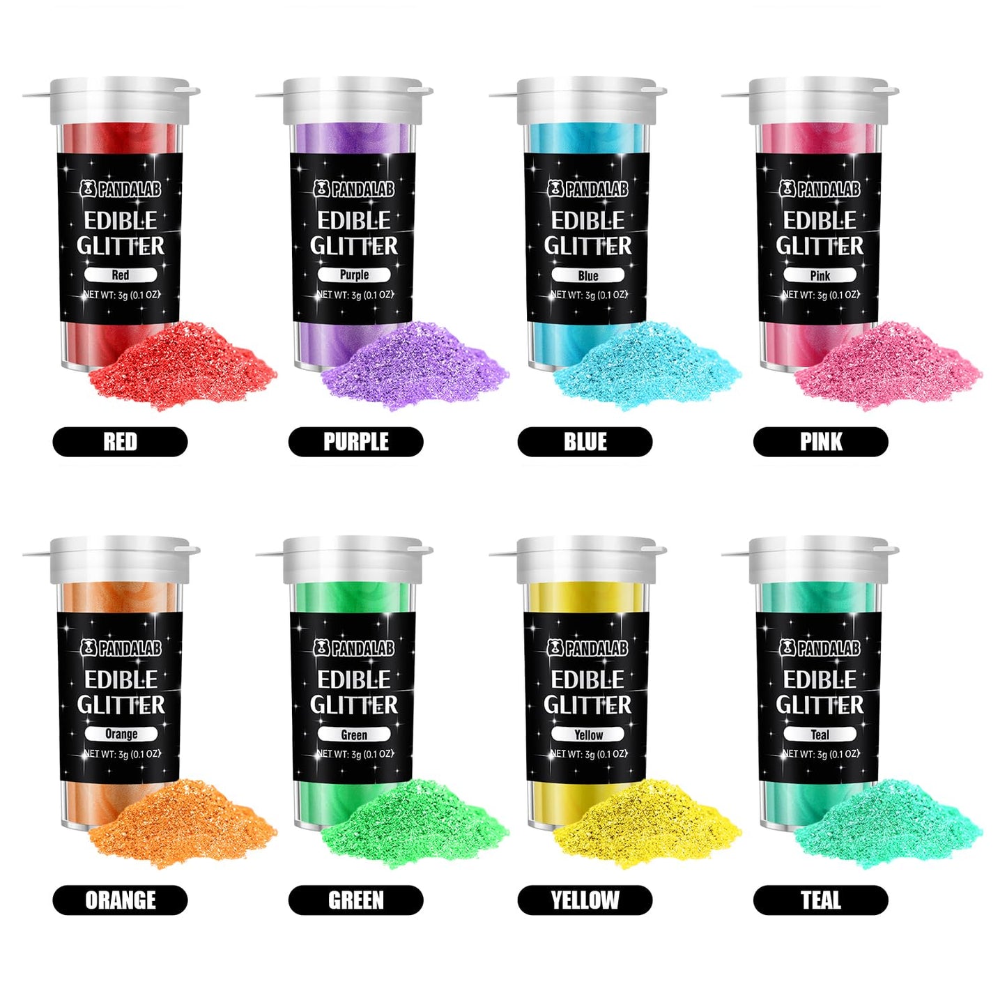 Pandalab Edible Glitter - Food Grade Luster Dust for Cakes, Cocktails, and Desserts - 8 Colors, 0.1oz (3g) Bottle