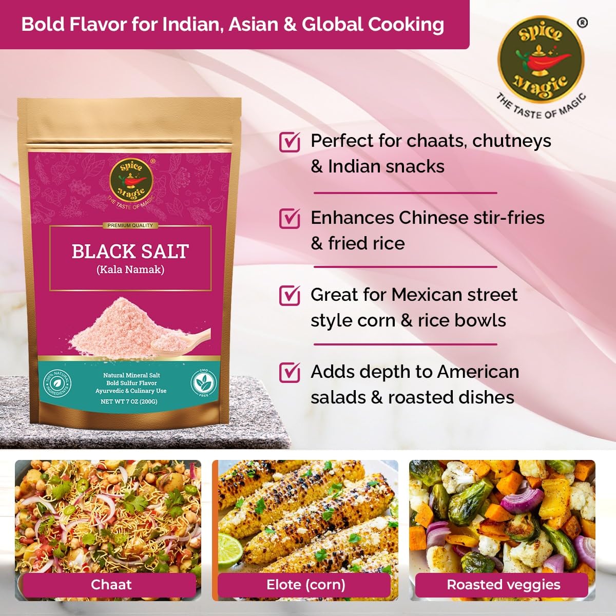 Spice Magic Black Salt (Kala Namak) - Authentic Indian Mineral Salt | Unique Tangy Flavor for Chaats, Curries & Vegan Recipes |