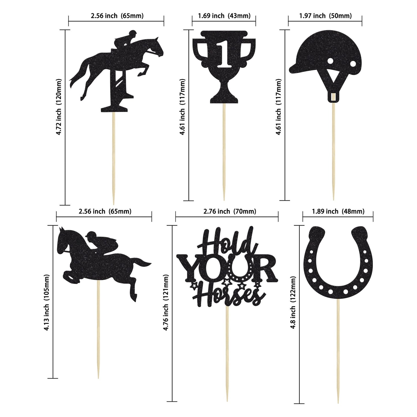 Gyufise 24Pcs Kentucky Derby Cupcake Toppers Black Glitter Equestrian Horse Cake Decorations Horse Cupcake Picks For Sports Eque