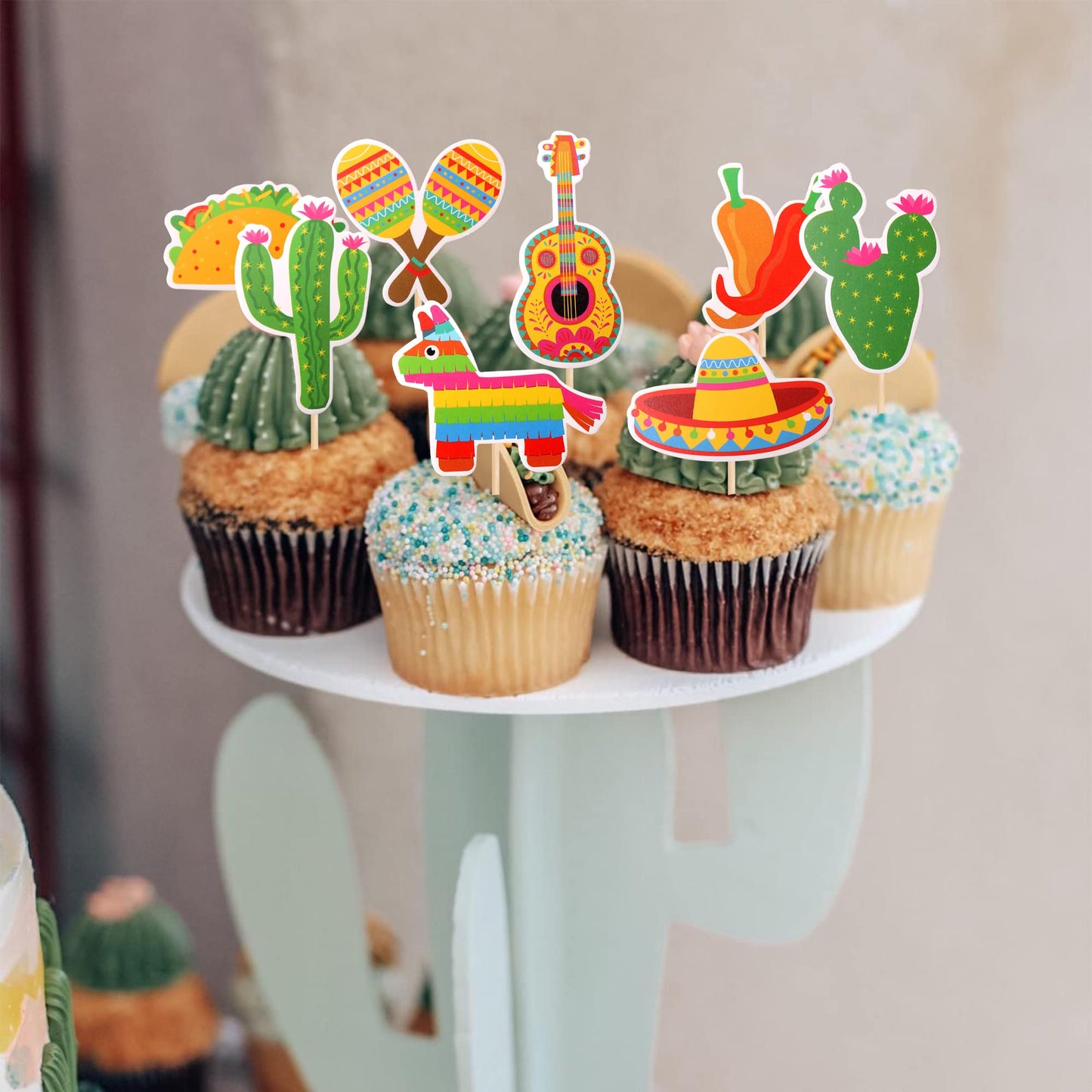 32 Pcs Mexican Fiesta Cupcake Toppers Assembled Cactus Donkey Maraca Sombrero Guitar Cupcake Picks Mexican Fiesta Theme Baby Sho