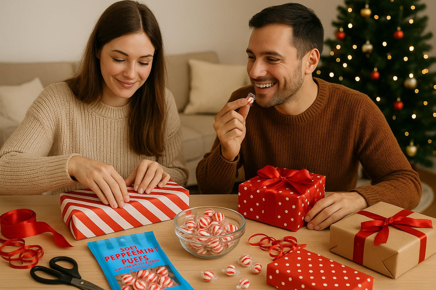 Peppermint Puff Candy | Soft Breath Mints Individually Wrapped | For Holiday Office Reception Party Favor Birthday Gift | 2 Pack Bag (6 Oz Each)
