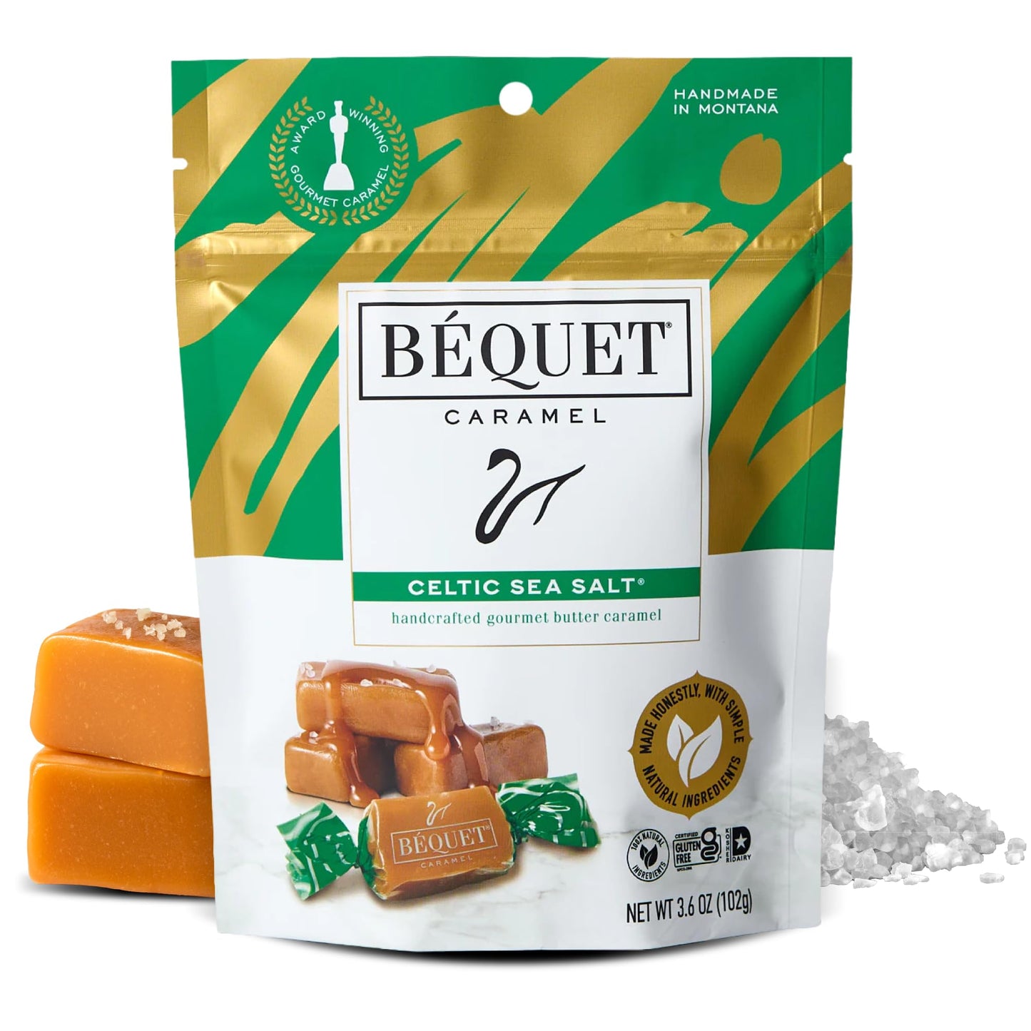 Béquet Caramel - Celtic Sea Salt Caramel - Gourmet Caramel Candy - Salted Caramel Candy Individually Wrapped - Made In Montana - Kosher (Star D) And Gluten Free - 3.6 Oz Single Pouch