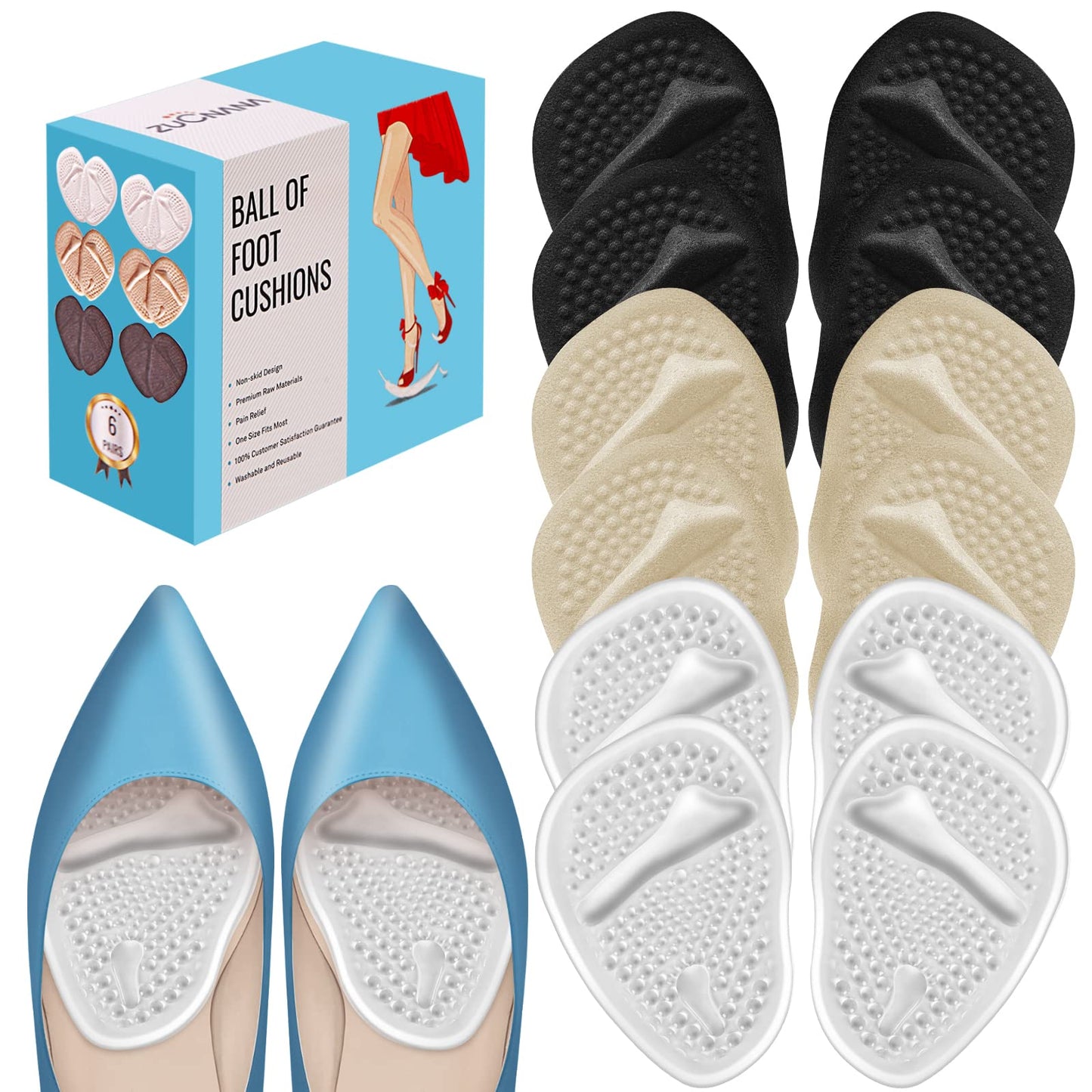 Zucnana Metatarsal Pads Ball Of Foot Cushions (6 Pairs), Non-Slip High Heel Cushion Inserts Women, One Size Fits All Shoe Insert