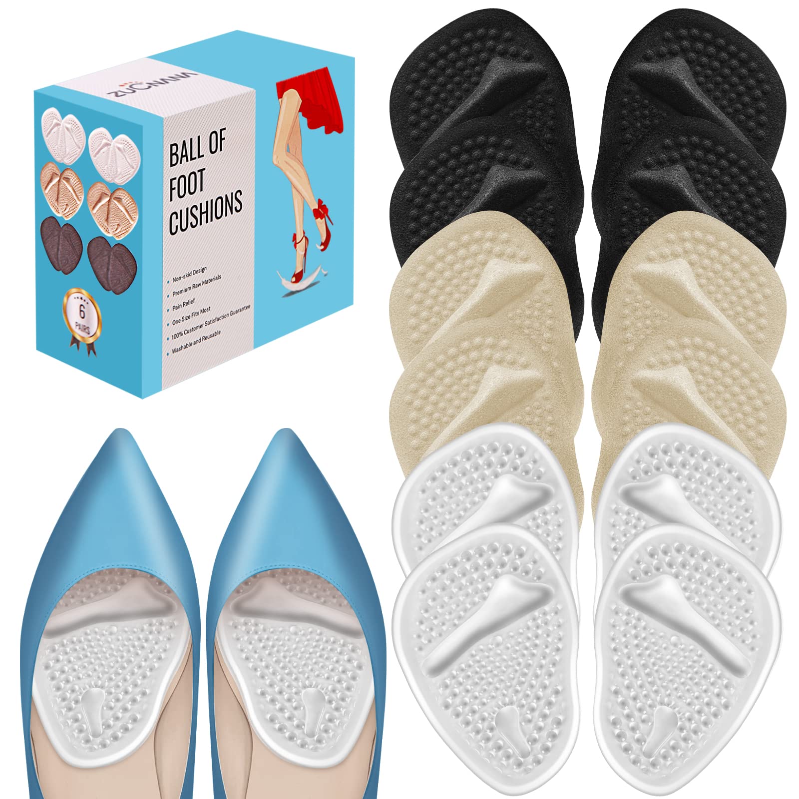Zucnana Metatarsal Pads Ball Of Foot Cushions (6 Pairs), Non-Slip High Heel Cushion Inserts Women, One Size Fits All Shoe Insert