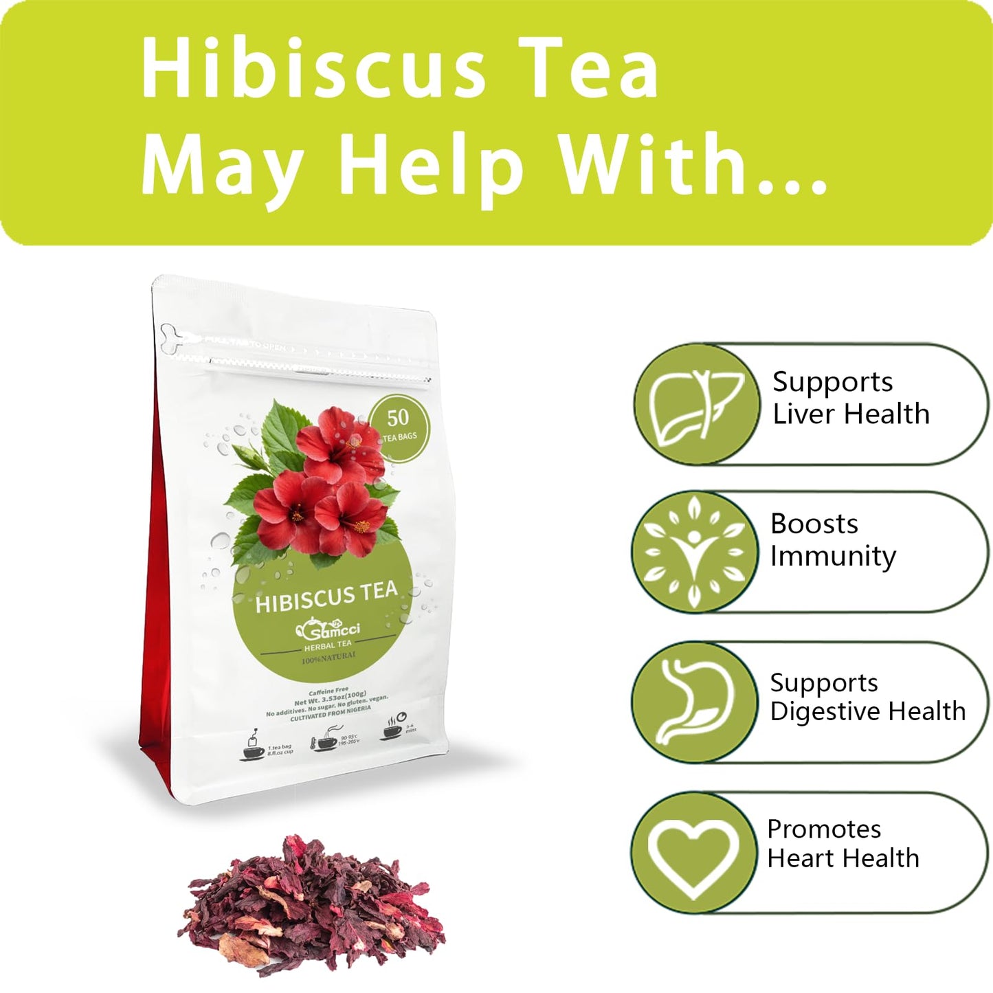 SAMCCI Hibiscus Tea Bags - Premium Dried Hibiscus Flower - Caffeine-Free - 50 Count