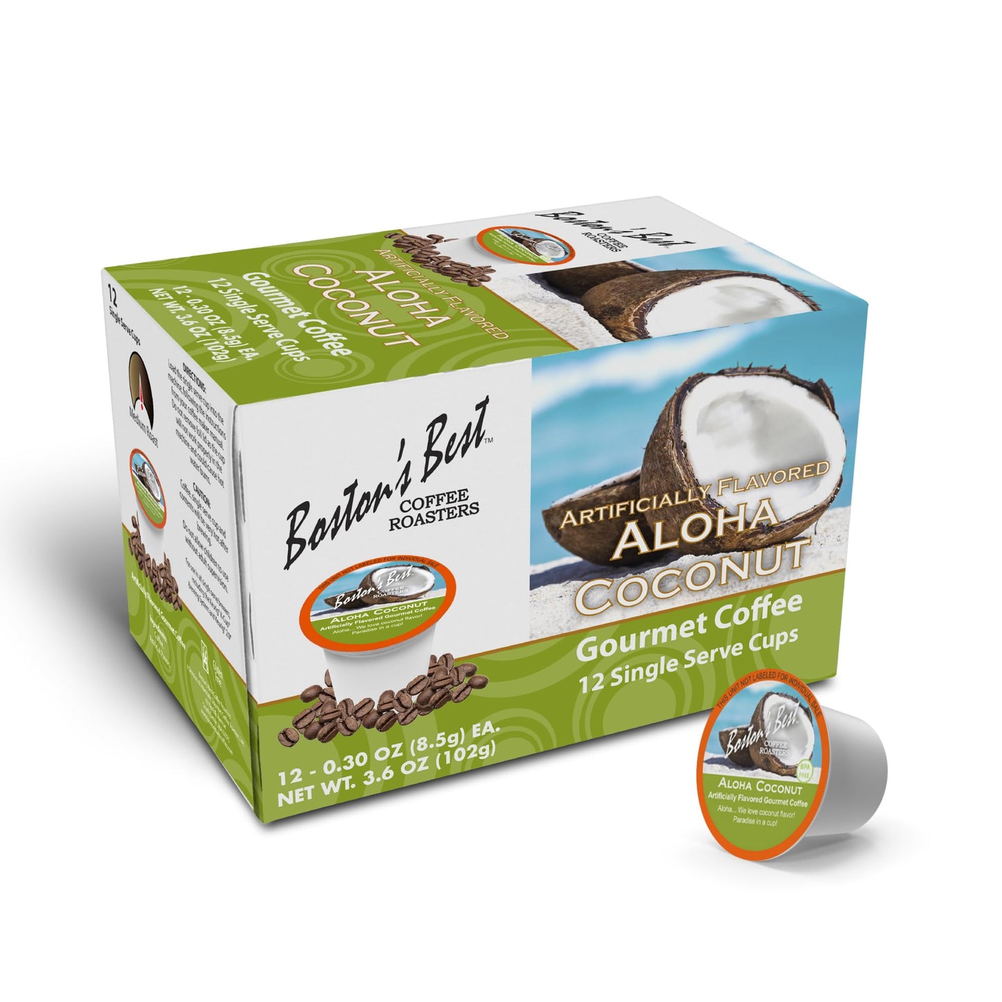 Bostons Best Aloha Coconut Medium Roast Coffee Compatible with Keurig, 12 Single Serve Cups, Model 017809009196