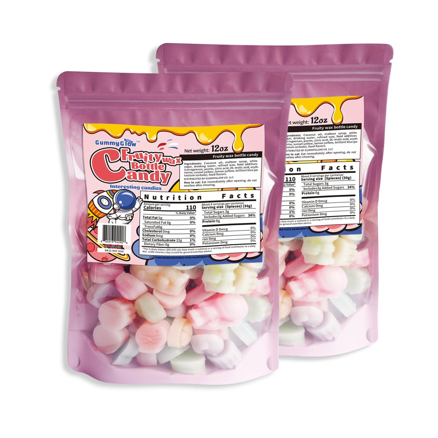GummyGlow Wax Bottle Candy, Retro Wax Candies with 5 Classic Flavors for Old School Candy Lovers, 12 Oz/Pack (2)