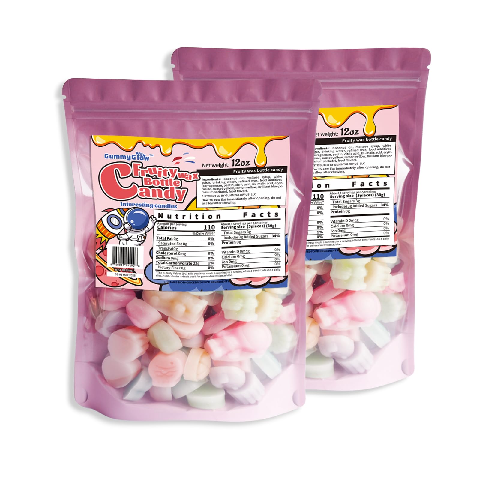 GummyGlow Wax Bottle Candy, Retro Wax Candies with 5 Classic Flavors for Old School Candy Lovers, 12 Oz/Pack (2)