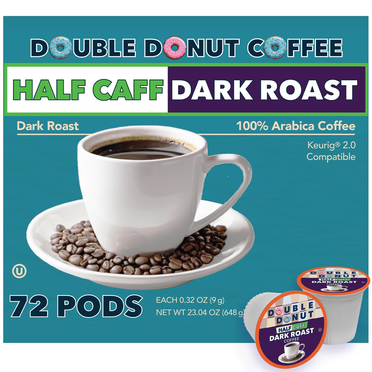 Double Donut Coffee Half Caff Dark Roast Coffee Pods  Dark Roast Coffee  Compatible With Keurig K Cups Beverage Makers 72 Ct
