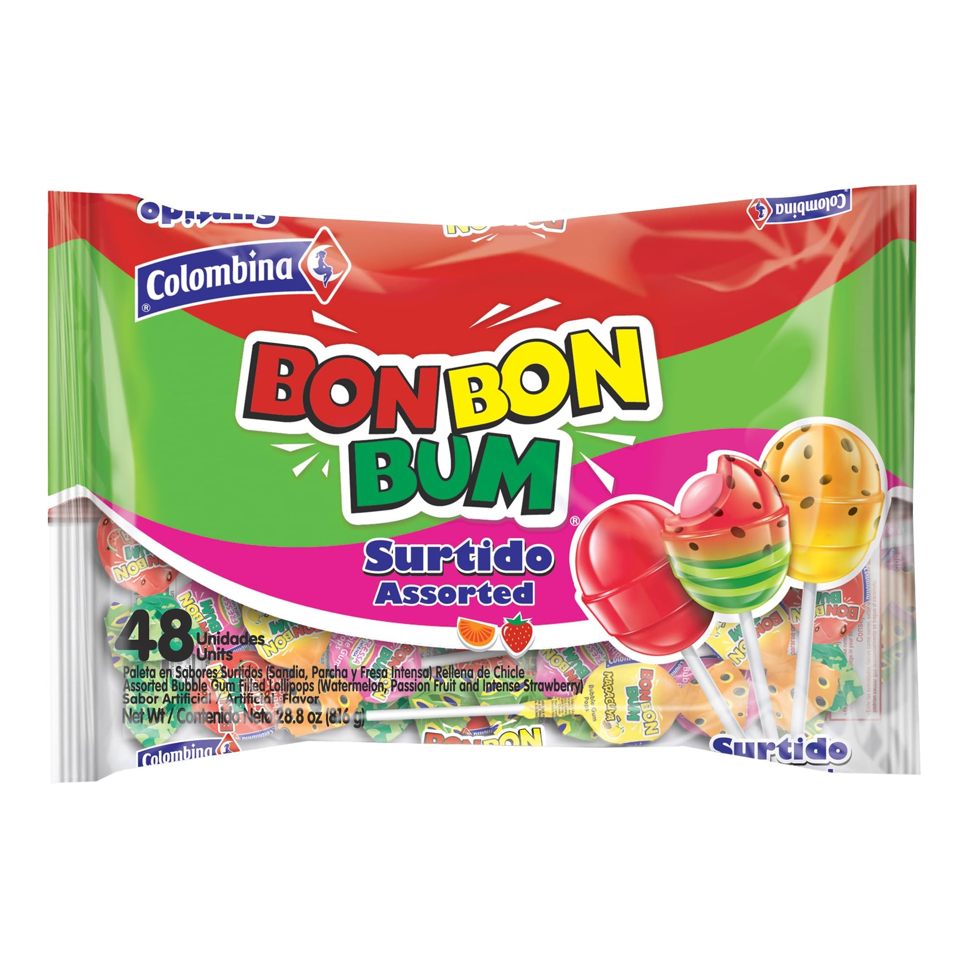Colombina Bon Bon Bum Lollipops, Assorted Flavor, 48 Count (Pack of 1)