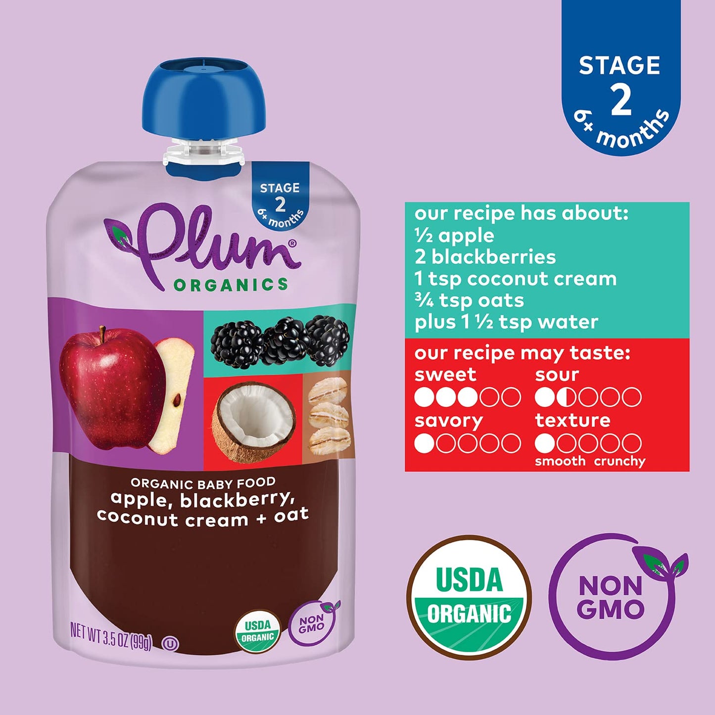 Plum Organics | Stage 2 | Organic Baby Food Meals [6+ Months] | Apple, Blackberry, Coconut Cream & Oat | 3.5 Ounce Pouch (Pack Of 12)