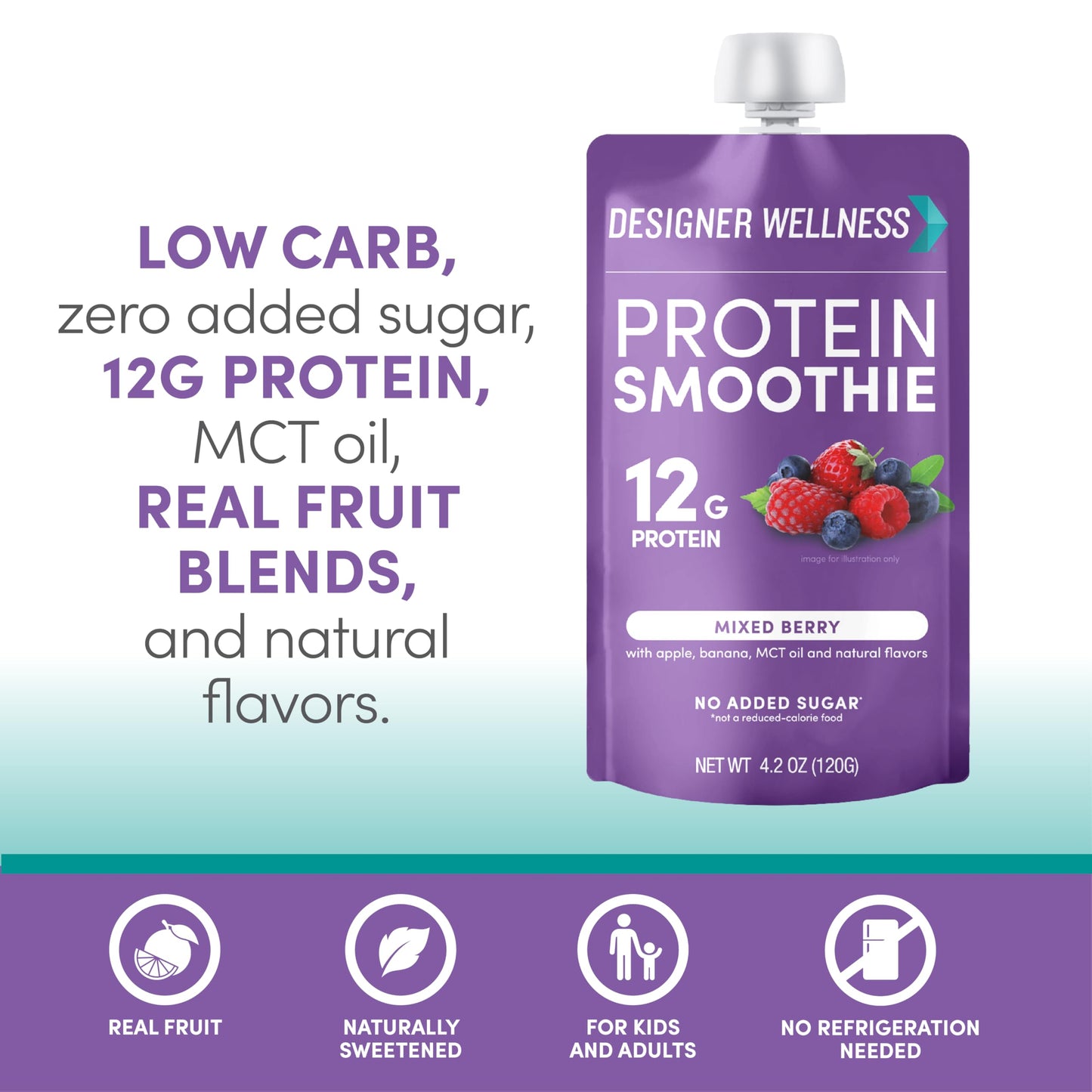 Designer Wellness Protein Smoothie, Mixed Berry, 12g Protein, Low Carb, Gluten-Free, Non-GMO, 4.2 Fl Oz, Pack of 24