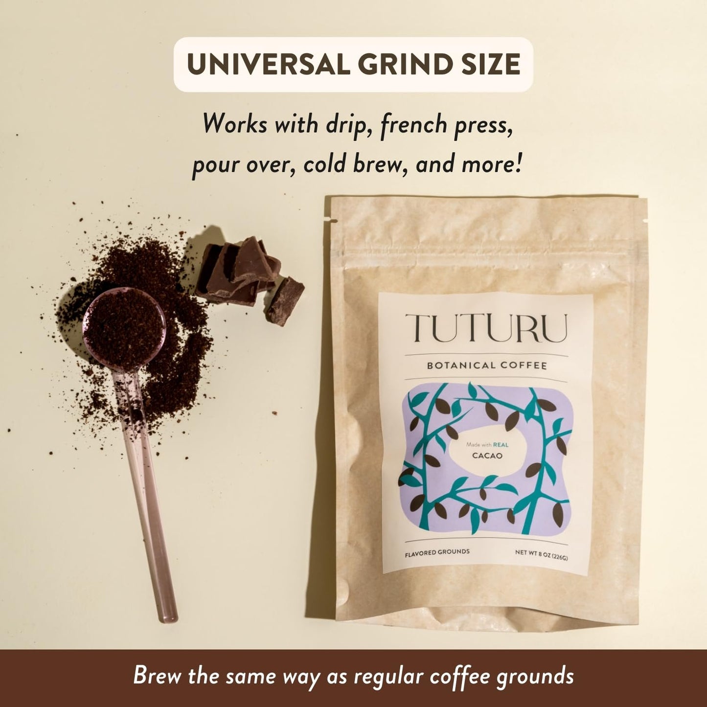 TUTURU Organic Dark Chocolate Ground Coffee - Medium Roast, Low Acid - 8 oz Pack
