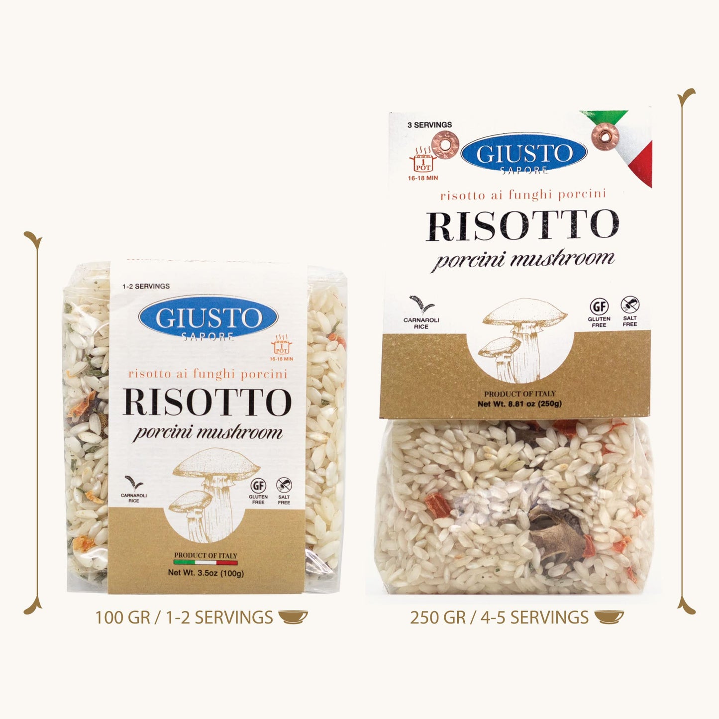 Giusto Sapore Italian Risotto - Porcini Mushroom - All Natural, Gluten Free, No Added Salt - Premium Gourmet 3-4 Serving Size, 8.81 Oz - Imported From Italy And Family Owned