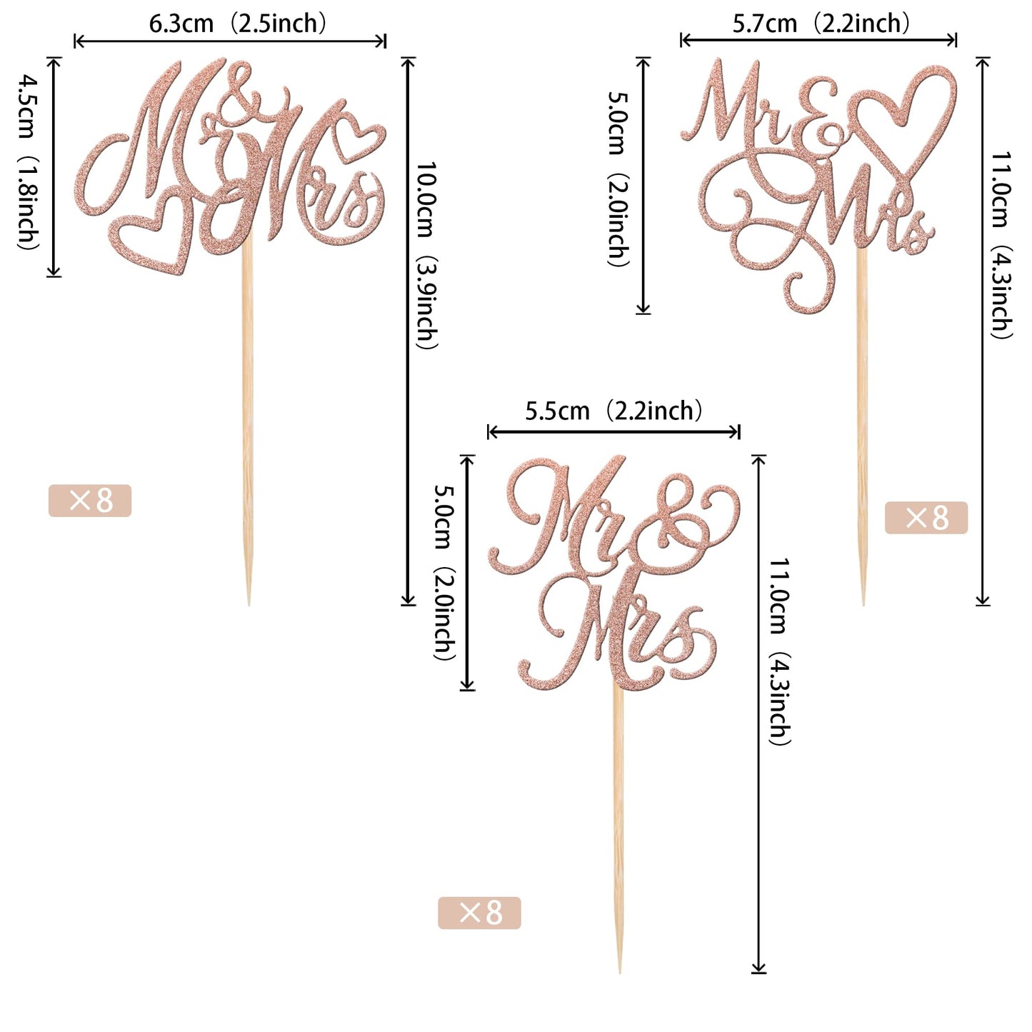 24 Pcs Mr & Mrs Cupcake Toppers Glitter Love Heart Wedding Engagement Cupcake Picks For Bridal Shower Birthday Party Cake Decora