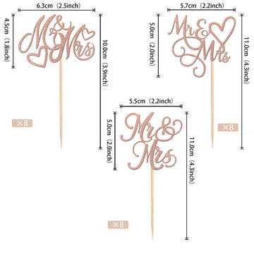 24 Pcs Mr & Mrs Cupcake Toppers Glitter Love Heart Wedding Engagement Cupcake Picks For Bridal Shower Birthday Party Cake Decora