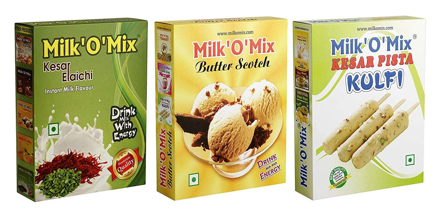 Milkomix Kesar Elaichi, Butter Scotch & Kesar Kulfi Flavored Milk Powder  Pack of 3