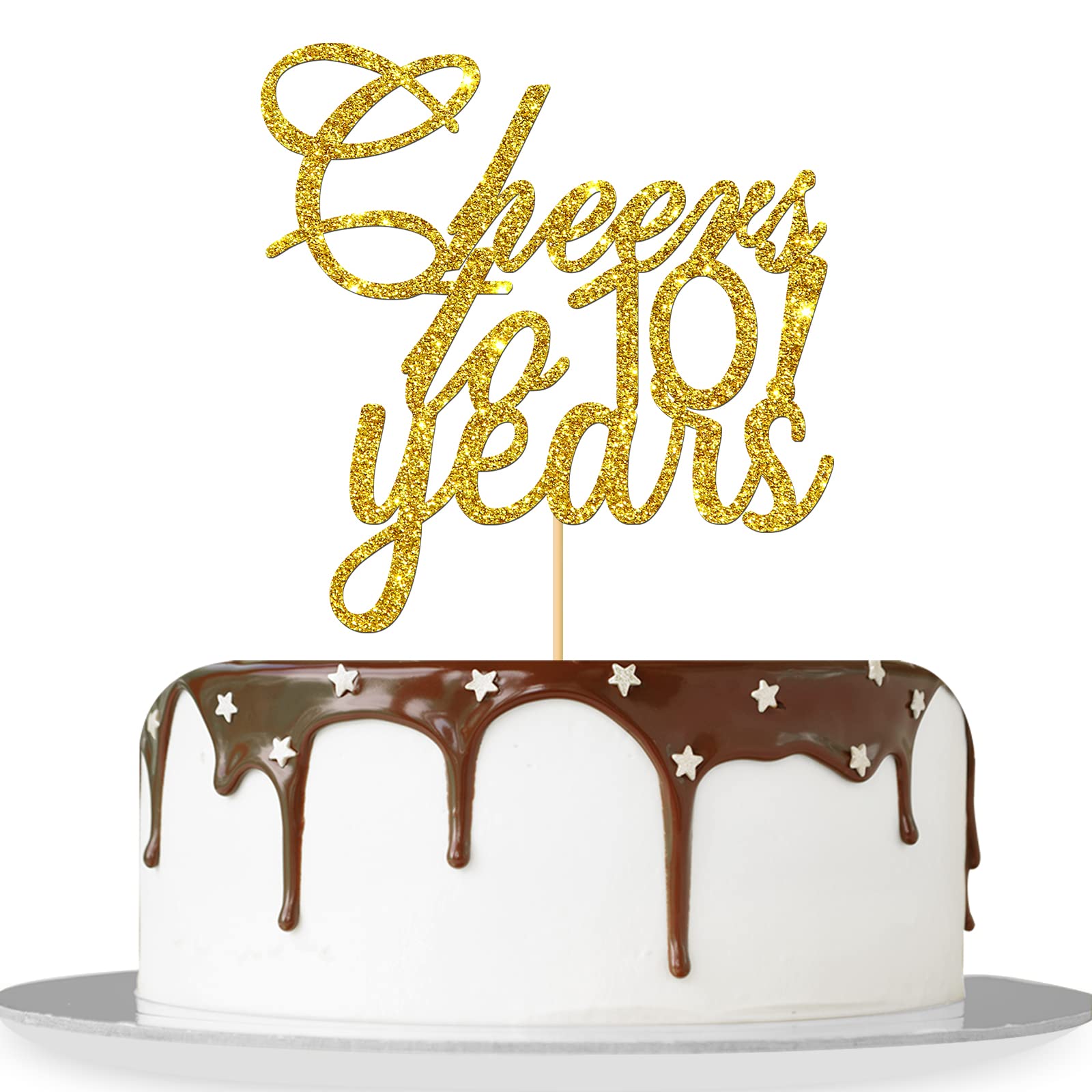 Gold Glitter Cheers to 10 Years Cake Topper - Children's 10th Birthday Cake Topper - 10 Years Blessed Wedding Anniversary Party 
