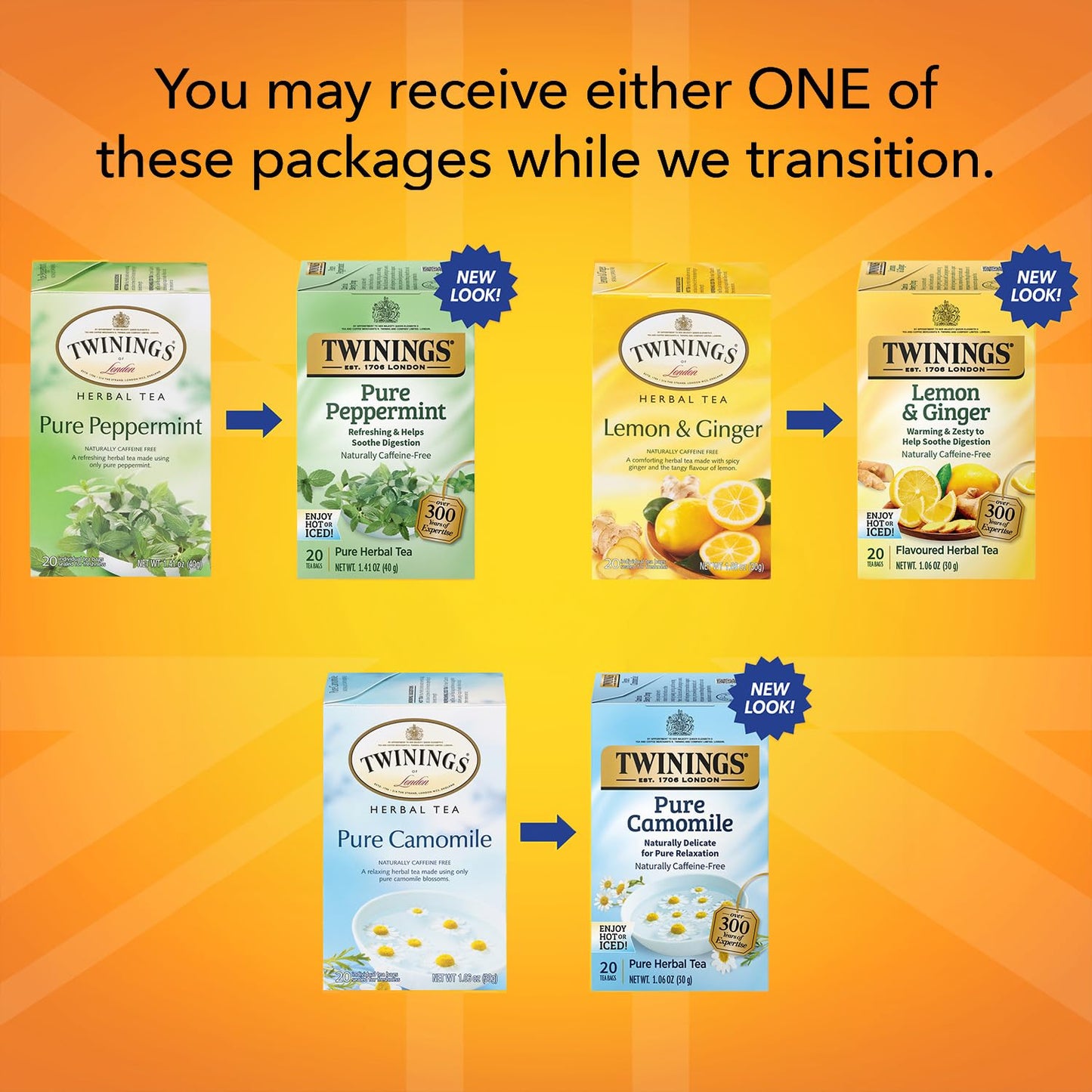 Twinings Herbal Tea Variety Pack - Pure Peppermint, Pure Camomile & Lemon Ginger - 20 Count Each (Pack of 3) - Caffeine-Free