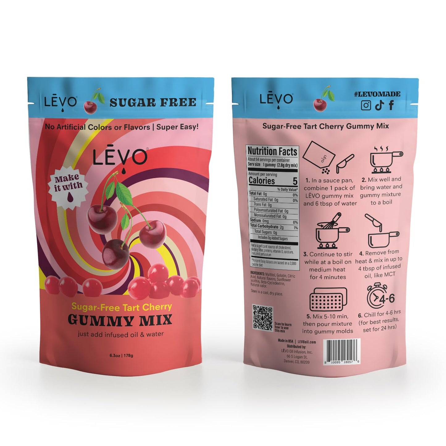 LEVO Gummy Mix - Sugar Free Tart Cherry - Makes 64 Gummies - 6.3 Ounce Pack
