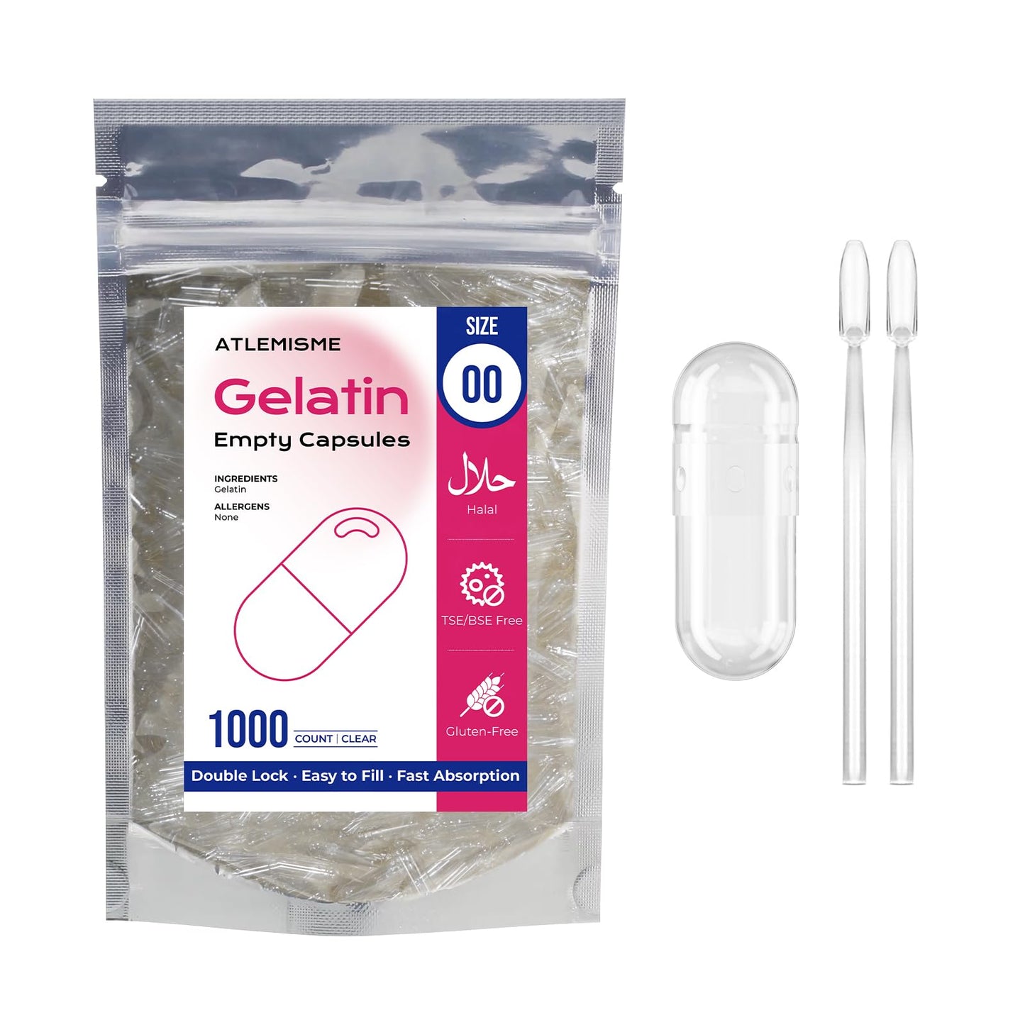ATLEMISME Empty Gelatin Capsules Size 00 - 1000 Count with 2 Micro Lab Spoons for Capsule Filling