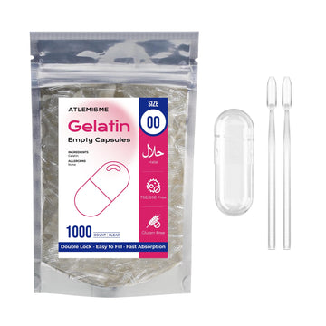 ATLEMISME Empty Gelatin Capsules Size 00 - 1000 Count with 2 Micro Lab Spoons for Capsule Filling