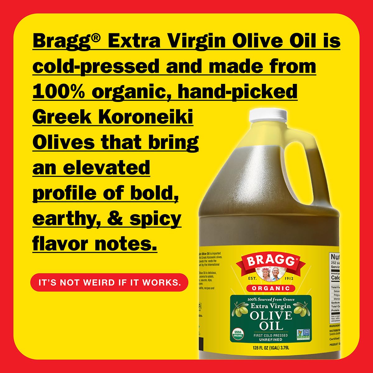 BRAGG Organic Extra Virgin Olive Oil, Cold Pressed, USDA Certified, Non-GMO, 128 Fl Oz