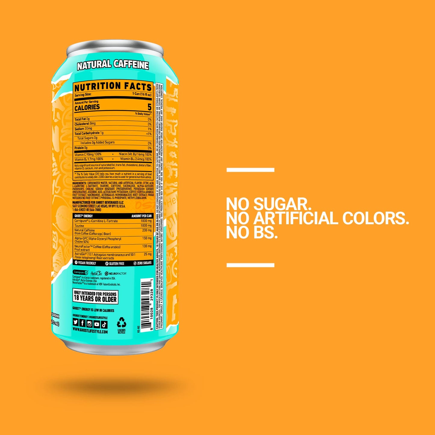 GHOST Energy Drink - 12-Pack  Tropical Mango  16oz Cans - Energy & Focus & No Artificial Colors - 200mg of Natural Caffeine  L-Carnitine & Taurine - Gluten-Free & Vegan