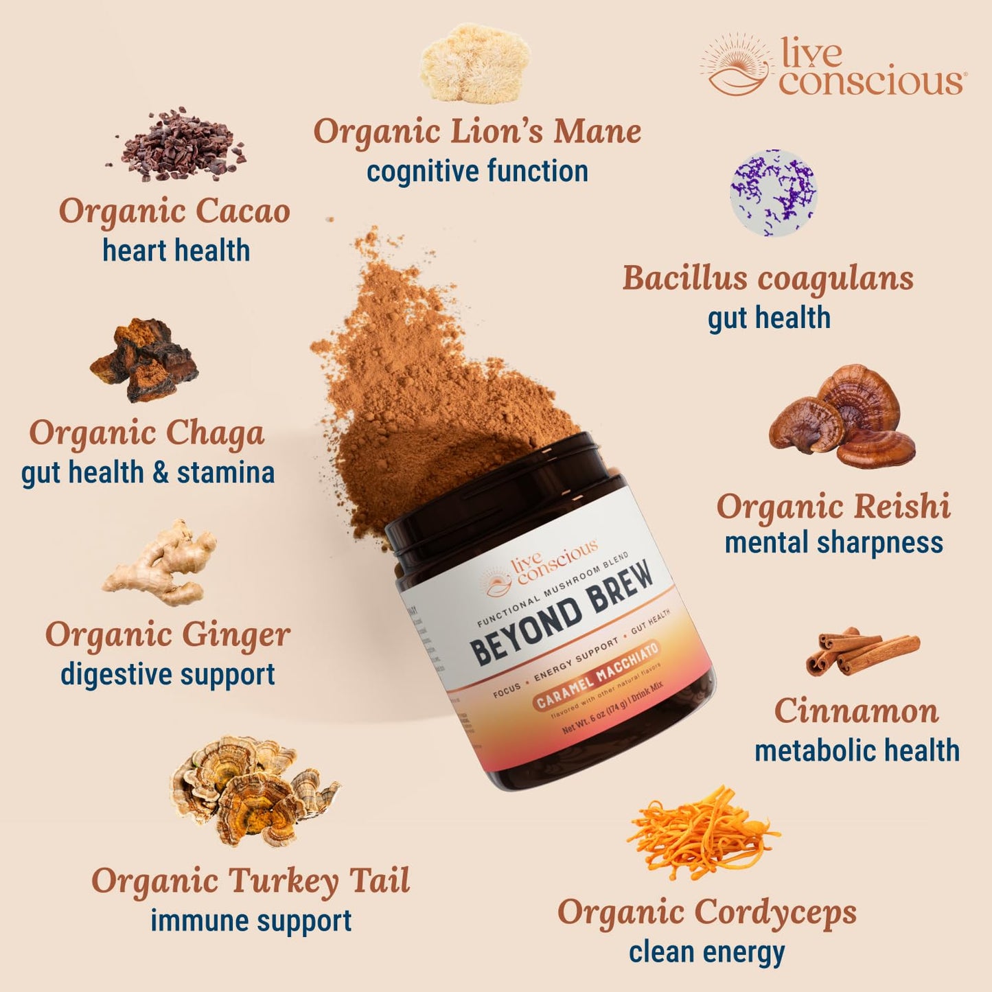 Live Conscious Beyond Brew Caramel Macchiato Coffee Alternative - Low Caffeine Superfood with Mushroom Complex - 30 Servings