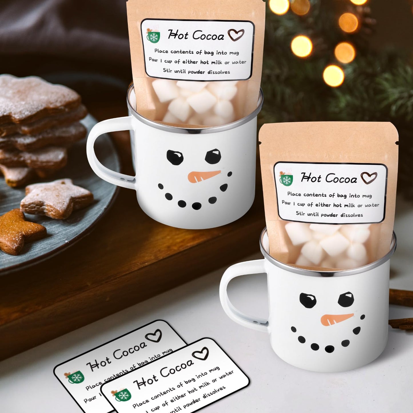 Vesici 6 Set Christmas Hot Cocoa Gift Sets with Mug Includes Snowman Enamel Cup Mini Kraft Paper Pouches and Labels Stickers for