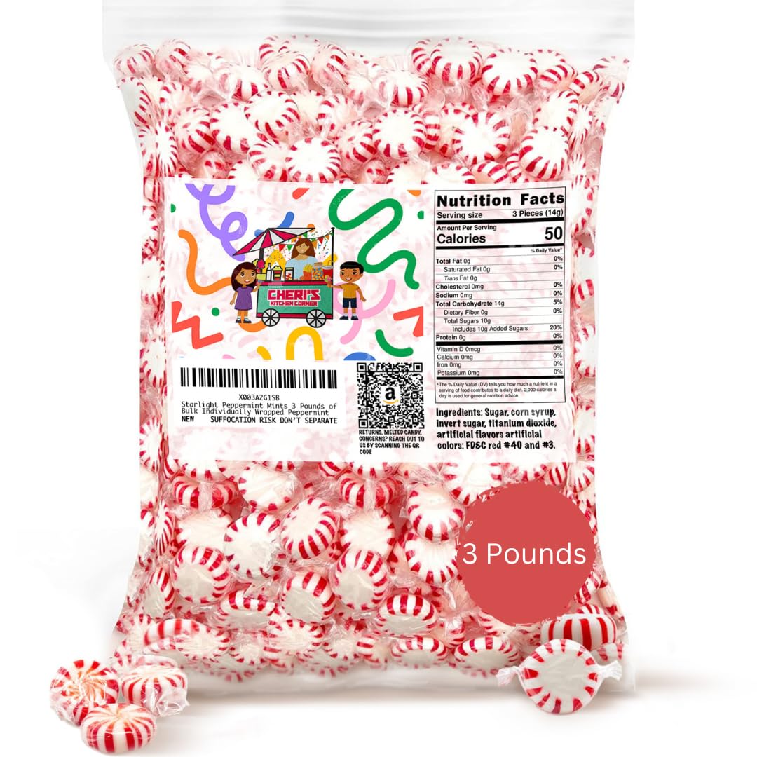 Cheri s Kitchen Corner Starlight Peppermint Mints of Breath Mints- Bulk Individually Wrapped Peppermint, Red, 3 Pound (Pack of 