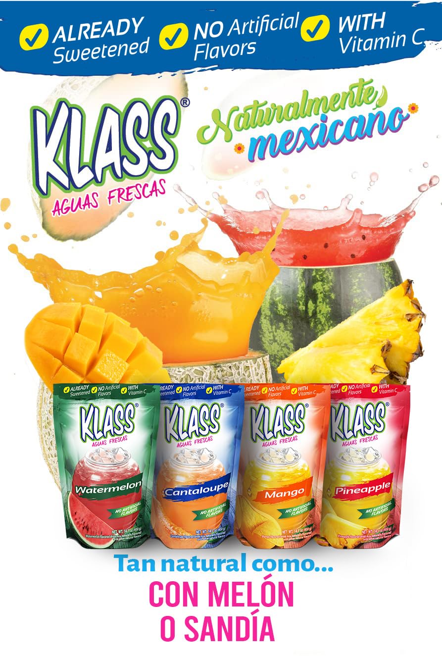 Klass Aguas Frescas Tropical Drink Mix Variety Pack - Watermelon, Cantaloupe, Mango & Pineapple, 14.1 Oz (4-Pack) - No Artificial Flavors, Vitamin C