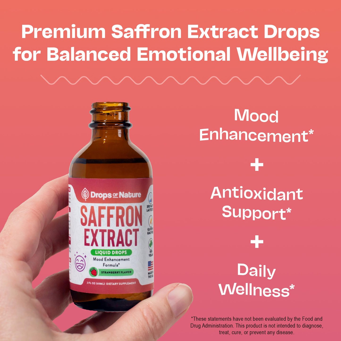 Saffron dietary products for Kids & mature-themeds - Made with Pure Saffron Extract - Vegan  Fast Absorbing - Mix with Drinks - Supports Eye Health  Emotional Balance and Antioxidant Level Boost (Strawberry  60mL)